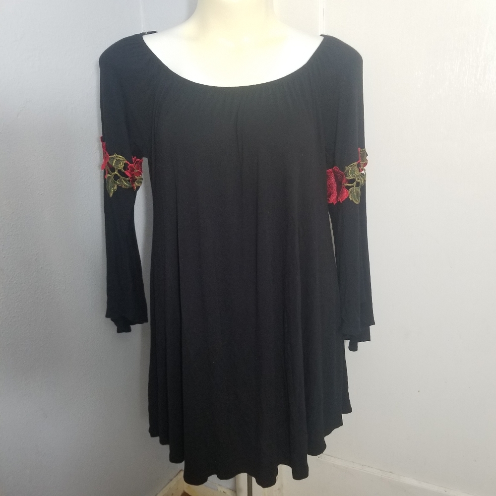 Bell Sleeve Black Mini Dress with Rose Appliques